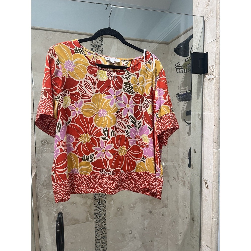 DR2 Daniel Rainn Orange Floral Short Sleeve Blouse Top XL Cutout Back